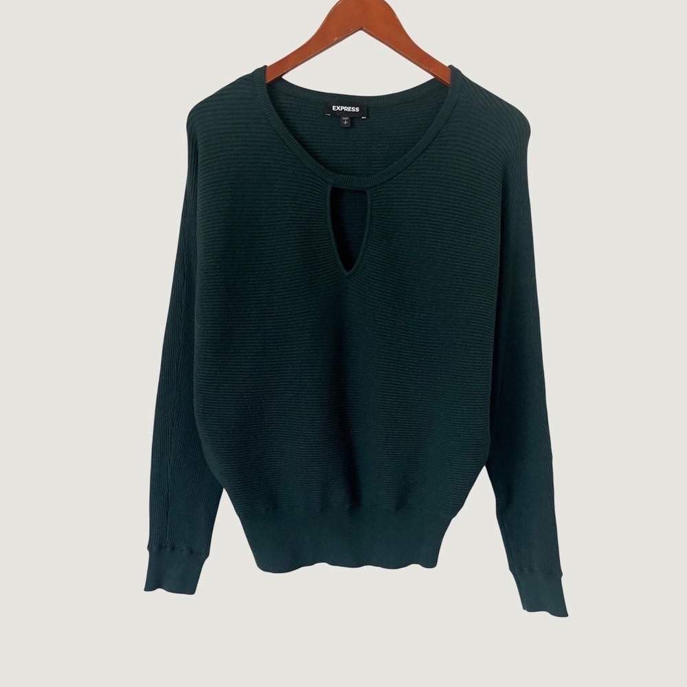 Express Hunter Green Ribbed Keyhole Dolman Sleeve Sweater S Womens minimalist